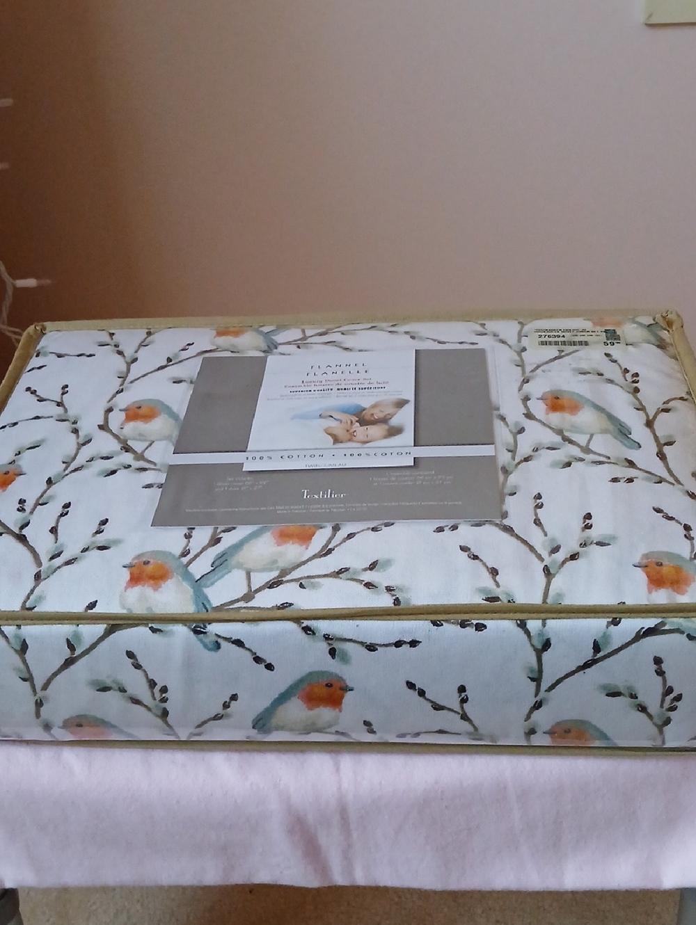 Luxury 100% Cotton Flannel Duvet Cover Set in White and Orange Chickadees
